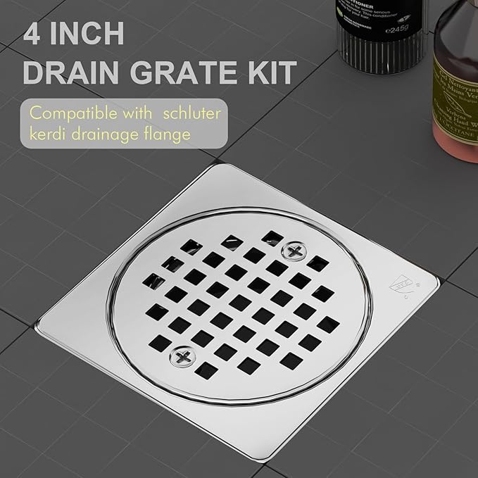 4” Shower Floor Drain Grate Kit Chrome - Compatible with Schluter Kerdi-Drain Flange - with Adjustable Collar & Removable Square Cover, SUS304 Stainless Steel & CUPC Certification