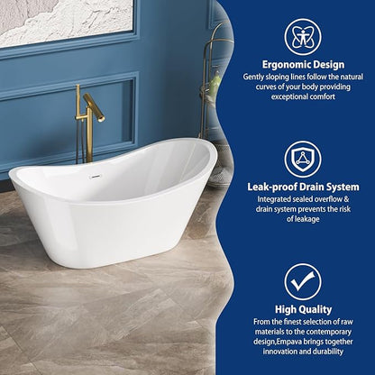 Sarlai 59 Inch Acrylic Freestanding Soaking Bathtub Contemporary Soaking White Tub Stand Alone Ergonomic Bathtub with Chrome Drain and Overflow