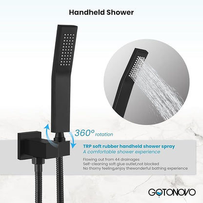 gotonovo Rainfall Bathroom Shower System Rain Shower Head and Handle Set Wall Mounted Shower Complete Combo Solid Brass Pressure Balancing Shower Mixer Valve 16 Inch Matte Black