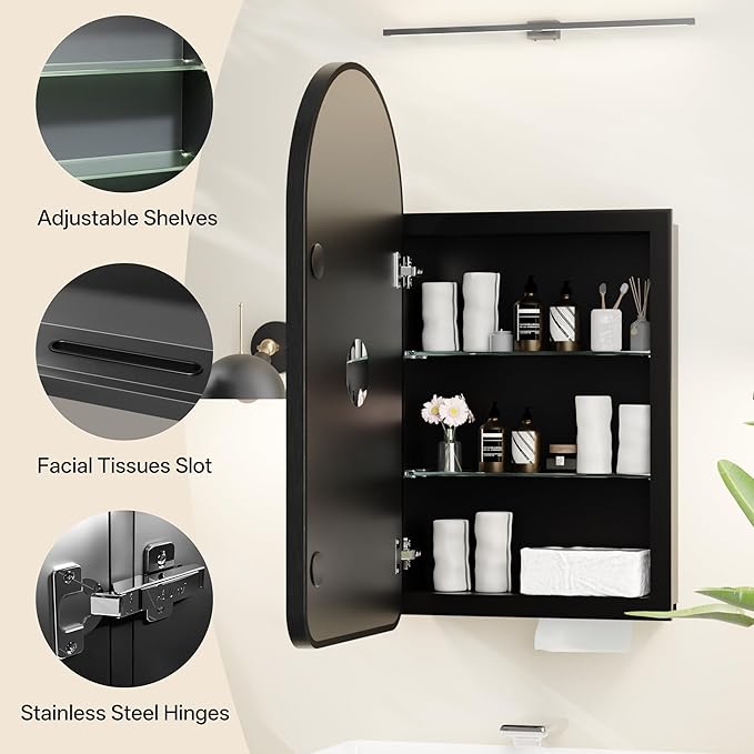 Arched Bathroom Medicine Cabinet with Mirror, No Assembly Needed, Recessed or Surface Mount Wall Storage Cabinet, Mirror Cabinet with Tissue Slot & 2X Magnifying Mirror (Black, 31.5"L x 19.7")