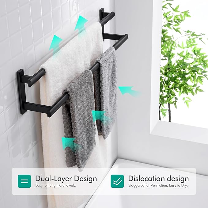 BAGNOLUX Double Towel Bar, SUS304 Towel Racks for Bathroom Wall Mounted 2-Tiers Ladder Towel Rails, Space Saving Bathroom Towel Holder Shelves Rack, Long Towel Hanger (32"-Square-Matte Black)