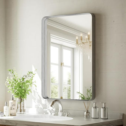 VooBang Bathroom Mirror 20x30 inch, Silver Gorgeous Deep Frame Wall Mirror, Modern Round Corner Bathroom Vanity Mirror for Bedroom, Living Room, Hanging or Leaning Horizontal or Vertical, Silver