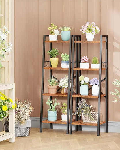 Furologee 4 Tier Ladder Bookshelf Narrow, Metal Wooden Ladder Shelf Bookcase with 2 Hooks, Small Rustic Brown Bookshelves Free Standing, Skinny Leaning Book Shelves for Bedroom Bathroom Living Room