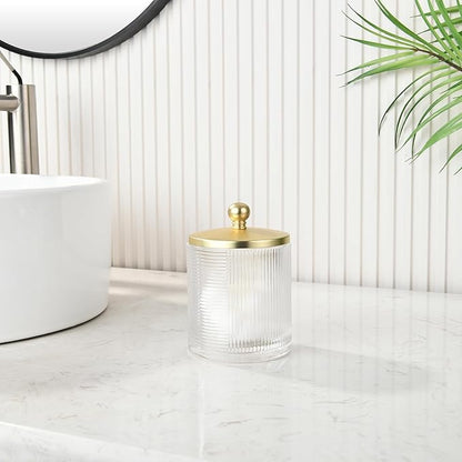 Clear Transparent Apothecary Ribbed Geometric Etched Glass Jar W/Gold Lid Cover for Bathroom Organization, Cotton Balls, Q Tips, and Small Accessories, Bathroom Storage