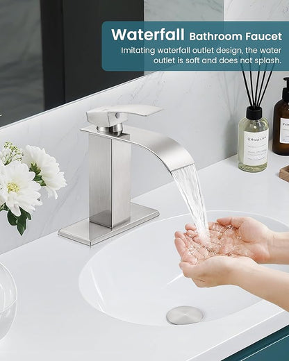 Bathroom Faucets Brushed Nickel Waterfall Bathroom Sink Faucet Modern Single Handle Bathroom Faucet for 1 or 3 Hole Mxier Tap Washbasin Faucet with Deck, Pop-up Drain and Supply Hoses