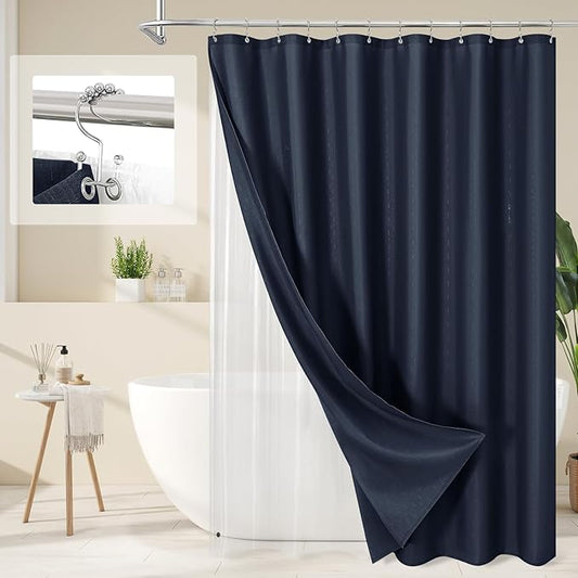 MitoVilla 3 in 1 Shower Curtain Set, Navy Blue Boho Farmhouse Linen Textured Bath Curtain and Clear PEVA Liner Set with 12 Double Sided Steel Hooks, Waterproof Fabric Hotel Bathroom Curtain - 72x72