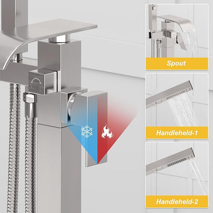 BESy Tub Filler Freestanding Bathtub Faucet Brushed Nickel Floor Mount Tub Faucet Waterfall Free Standing Bathtub Filler High Flow Brass Bath Shower Faucets with Handheld Sprayer