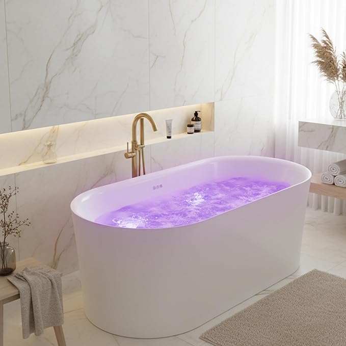 ANZZI 67" Freestanding Air Jetted Whirlpool Bathtub - White Acrylic Soaking Tub with LED Lights & Touch Controls | FT-AZ067