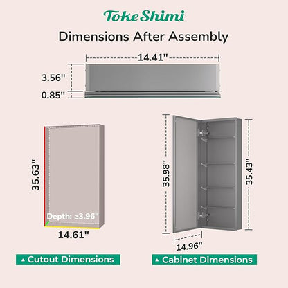 TokeShimi 15 x 36 Farmhouse Medicine Cabinet Recessed or Surface Mount Aluminum, Mirror with Stepless Adjustable Storage, Silver Bathroom Mirror Medicine Cabinet Frameless Metal Modern