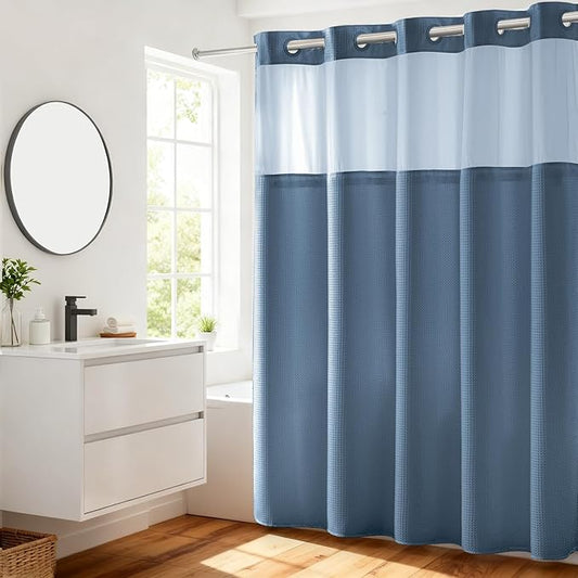 River Dream Blue Shower Curtain No Hooks Required Dotted Waffle Weave Shower Curtain with Snap in Liner - 71W x 74H,Hotel Grade,Spa Like Bath Curtain,Moonlight Blue