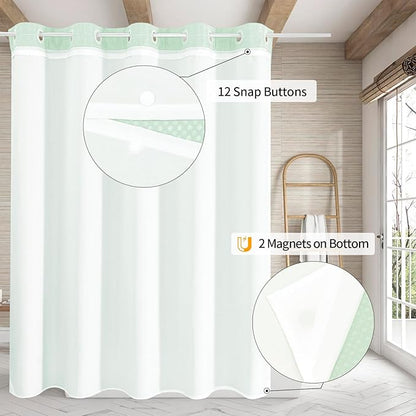 MitoVilla No Hooks Needed Green Waffle Shower Curtain Liner Set, Modern Waffle Weave Heavy Duty Fabric Cloth Shower Curtain with Snap-in Liner for Luxury Neutral Hotel Spa Bathroom Decor