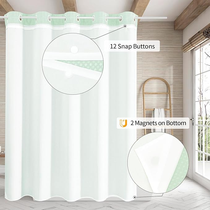 MitoVilla Green Long Shower Curtain Liner Set 72 x 80, No Hooks Needed 80 inch Long Heavyweight Waffle Fabric Shower Curtain Set with Snap-in Liner for Hotel Grade Spa-Like Bathroom Decor, Mint Green