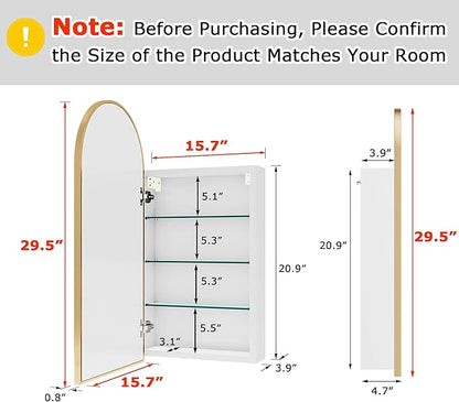 FKWin Arched Medicine Cabinets with Mirror, Bathroom Mirror with Storage, Aluminum Alloy Bathroom Cabinet, Modern Bathroom Wall Cabinet with 3 Adjustable Shelves, Not Recessed, 29.5"x15.7", Gold