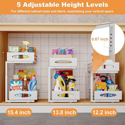 Under Sink Organizer, 2 Tier Under Sink Organizers and Storage, Adjustable Height, Slide Out Metal Cabinet Organizers, Pull Out Cabinet Storage Drawer Shelf for Kitchen Bathroom