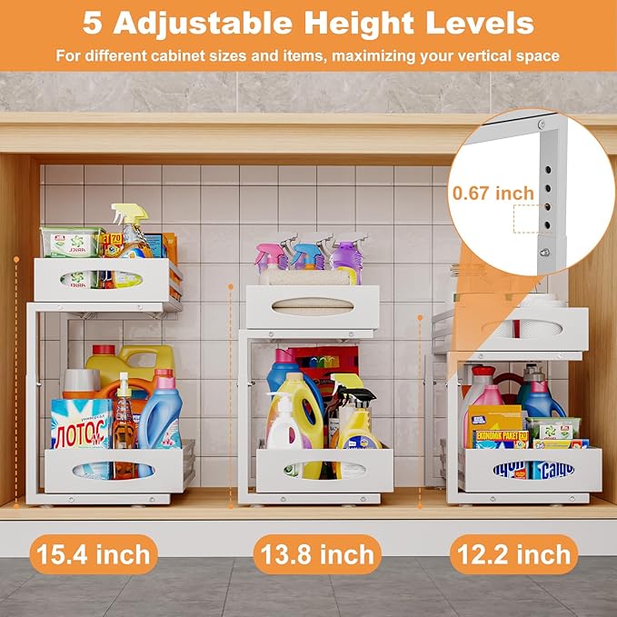 Under Sink Organizer, 2 Tier Under Sink Organizers and Storage, Adjustable Height, Slide out Metal Cabinet Organizers, Pull out Cabinet Storage Drawer Shelf for Kitchen Bathroom