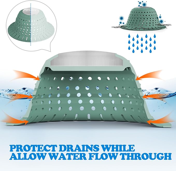zaa Bathtub Drain Hair Catcher, Premium Silicone Collapsible 2 Pack Drain Protector for Pop-Up & Regular Drains of Shower, Bathtub, Tub, Bathroom, Sink, Gray Green