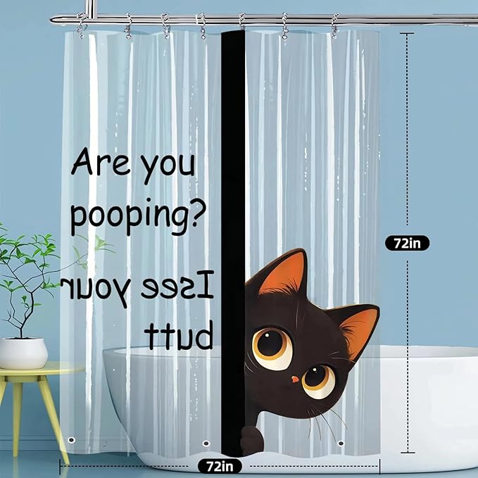 Clear Cute Funny Black Cat Shower Curtain Liner, Are You Pooping Shower Curtain, Fun Anime Cat Shower Curtains for Bathroom, 72x72 Plastic Cool Summer Shower Curtain Set with Weighted Magnets 12 Hooks