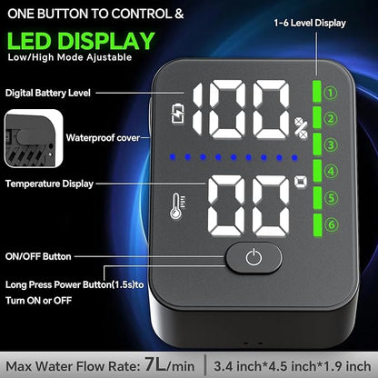 SHIJING Portable Shower with Heater,8000mAh Rechargeable Battery for Camping Shower, 6 Pressure Levels & 3 Modes for Outdoor, Pet, Car Wash,1500W Auto-Off Heater