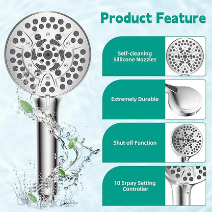 Hibbent cUPC Certified High Pressure 10-mode Shower Head, Handheld Showerhead with Adjustable Brass Joint Holder, 71" Metal Hose, Anti-clog Nozzles, Built-in Power Wash to Clean Tub & Pets, Chrome