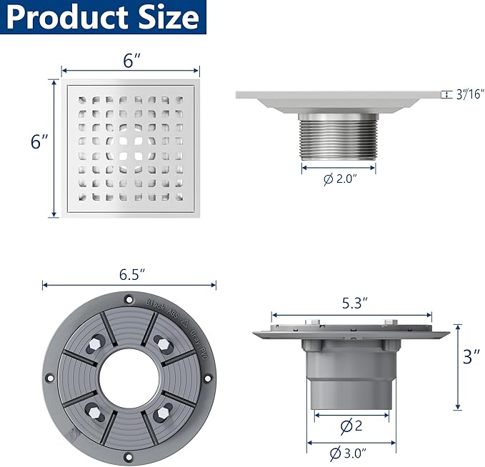 Neodrain Square Shower Drain,6 inch Stainless Steel 304 Grate and PVC Drain Body, Grate with Brushed Nickel Finish, Kit Includes Hair Trap/Strainer,Lifting Hook and PVC Drain Base