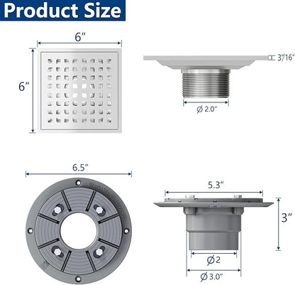Neodrain Square Shower Drain,6 inch Stainless Steel 304 Grate and PVC Drain Body, Grate with Brushed Nickel Finish, Kit Includes Hair Trap/Strainer,Lifting Hook and PVC Drain Base