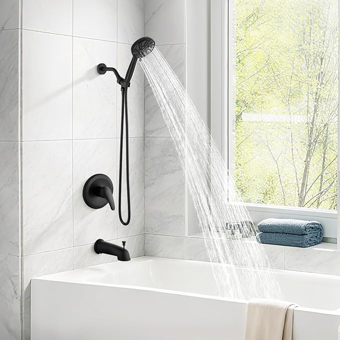 gotonovo Bathroom Shower Head Kit High Pressure Combo System Shower Faucet 6 Modes ABS Handheld Spray Shower Trim Kit Valve Included Shower Head and Handle Set Matte Black
