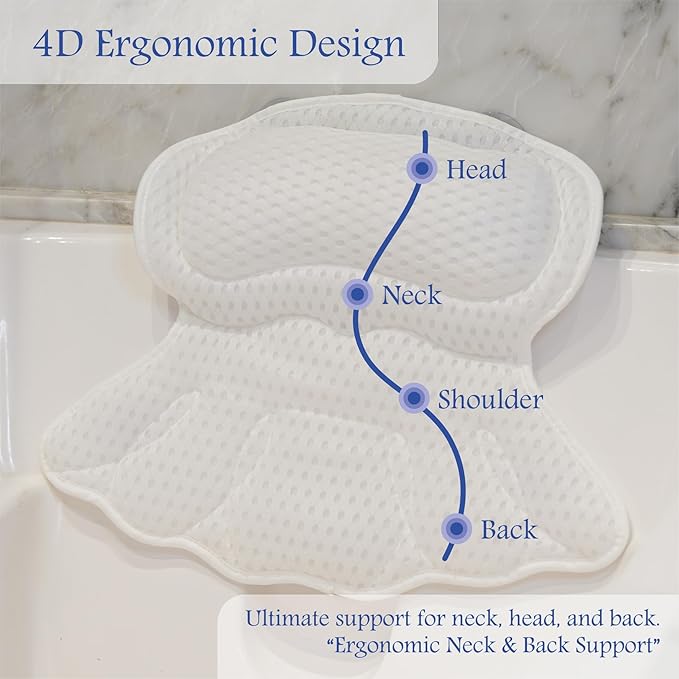 Bath Pillows for Tub, Bathtub Pillow Gift Set: 4D Air Mesh Cushion for Head & Neck, Spa Relaxing Accessories, Plus Bath Sponge & Scalp Massage Brush, Gift Bag