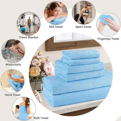 Orighty 6-Piece Towel Set - Soft & Lightweight - 2 Bath Towels, 2 Hand Towels, and 2 Wash Cloths - Absorbent & Quick Drying Microfiber Towel for Multipurpose, Bathroom, Gym, Sport, Yoga, Travel-Blue