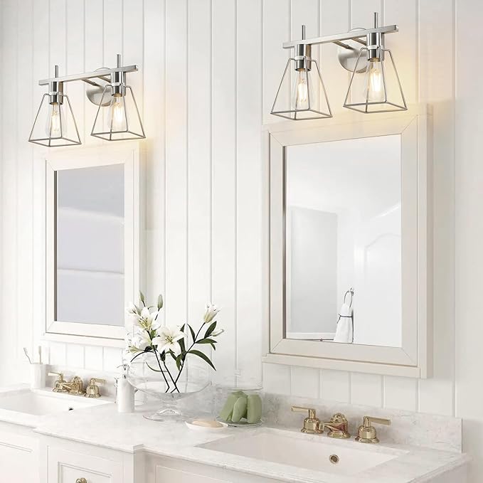 Industrial Bathroom Vanity Lights: 2 Light Silver Brushed Nickel Vintage Metal Cage Wall Lamps - Rustic Farmhouse Light Fixture Over Mirrors Cabinet for Home Hallway