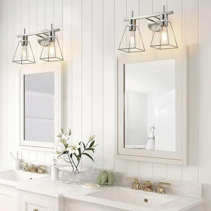 Industrial Bathroom Vanity Lights: 2 Light Silver Brushed Nickel Vintage Metal Cage Wall Lamps - Rustic Farmhouse Light Fixture Over Mirrors Cabinet for Home Hallway