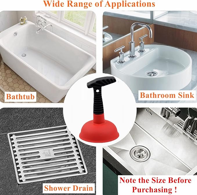 Sink Plunger, Easy to use Mini Plunger with Short Handle, Powerful Plunger Unclogging Tool for Kitchen Sink, Shower, Bathroom Drains, Bath, Red