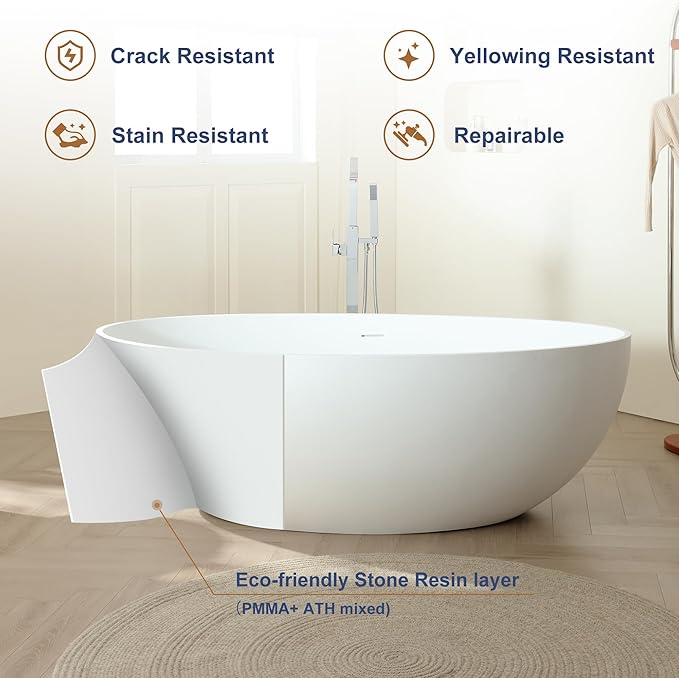 SJ STAR&JANE 67" x 39" Matte White Solid Surface Freestanding Bathtub, Oval Soaking Extra Wide Tub with Overflow and Pop-up Drain for Bathroom