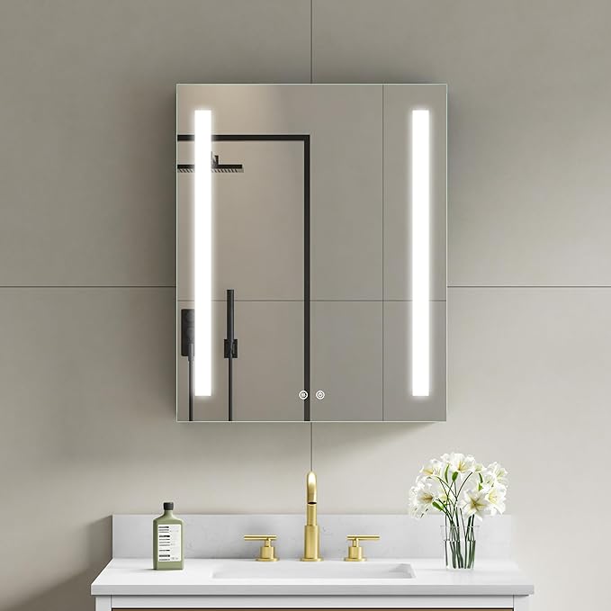 WELLFOR 24" X 30" LED Medicine Cabinet with Mirror, Single Left Opening Door, Recessed or Surface Cabinet Mirror, Bathroom Mirror Cabinet, Medicine Cabinet with Lights with Outlets & USB Ports