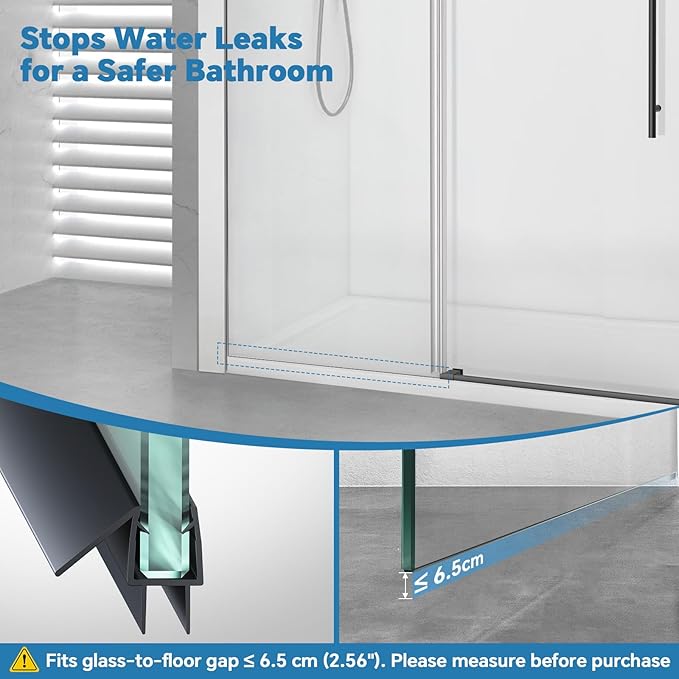 Shower Door Bottom Seal Strip, 2PCS Seal Strip, Clear PVC, 36" Length, Fits 10mm Thick Glass, Prevents Leaks, Easy Installation, No Adhesive Required (Black, 39in for 3/8"(10mm) Door)