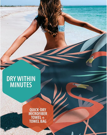 VENTURE 4TH Microfiber Beach Towel: Quick-Dry, Compact, Sand-Free, Absorbent, Sandproof and Lightweight - Perfect for Camping, Beach, and Roadtrips (Navy Flamingo Design | 35x78 inches)
