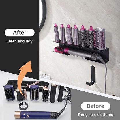 Dyson Airwrap Holder, Aluminum Dyson Airwrap Wall Mount Black with 7 Custom Slots & Cable Hook, Dyson Organizer Wall Mounted for Bathroom BANJEKT