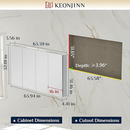 Keonjinn 64 x 32 Inch Medicine Cabinet, Assembly Required, Silver Bathroom Medicine Cabinets Mirror, Lightweight, Adjustable Shelves, Surface Mount or Recessed, Tempered Glass