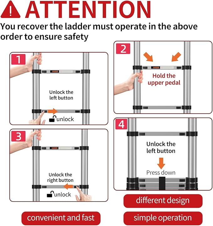 Telescoping Ladder,with Stable Hook and stabilizer barand,Extension Ladder, Heavy Duty 330lbs Max Capacity, Multi-Purpose Collapsible Ladder for RV or Outdoor Work (Aluminum, 8.5FT/2.6M(A-Button))