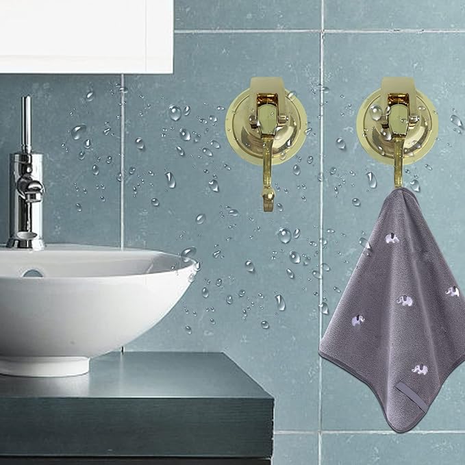 Suction Cup Shower Hooks - Heavy Duty, Glass Suction Hooks for Bathroom Robes and Decorations (Gold, 4 Pack)