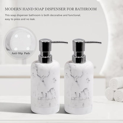 Resin Soap Dispenser Sets, 2 Pcs Heavy Lotion Dispensers,10.8oz Refillable Liquid Soap Dispensers with Rust-Proof Pump for Bathroom Countertop or Kitchen, Artificial Marble White