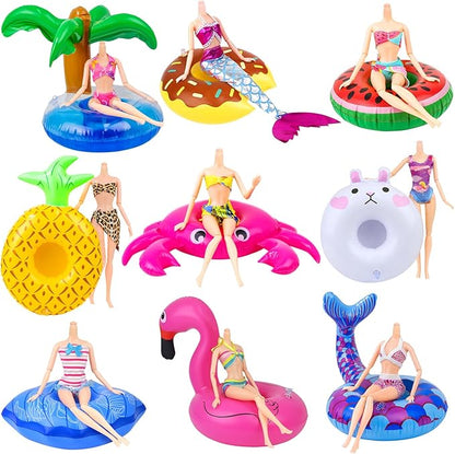 9Pcs Doll Swimming Pool Inflatable Float Including - Flamingos Donuts Pineapples Shells Crabs Rabbit Inflatable Drink Holder for Pool Party and Kids Toys