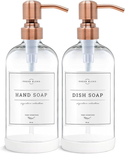 Vine Creations Clear Glass Soap Dispenser, 2 Pack Kitchen Soap Dispenser Set with Stainless Steel Pump, 16 oz Dish Soap and Hand Soap Dispensers for Bathroom with Waterproof Labels