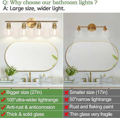 4-Light Bathroom Light Fixtures 2024 Upgrade, Gold Modern Vanity Lights Over Mirror with Clear Glass Globe Shade, Bathroom Wall Sconces for Mirror Kitchen Living Room Hallway Cabinet Bedroom Porch