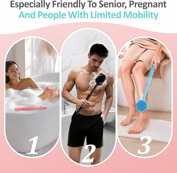 Silicone Back Scrubber & Soft Bath Glove 2PCS, 16''- 21''Extendable Back Scrubber with Dual-Side Large Head, 360° Anti-Slip Hand-fit Silicone Body Scrubber for Rich Foaming Deep Cleaning(Pink)