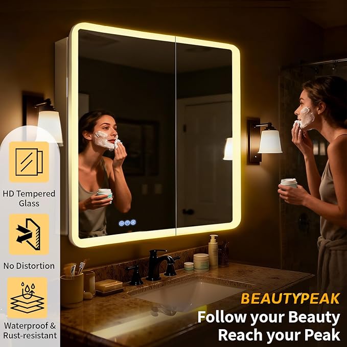 BEAUTYPEAK 36 x 32 LED Bathroom Medicine Cabinet Mirror, Adjustable Shelves, Silver Aluminum Cabinet, Anti-Fog Stepless Dimmable 3 Colors White/Natural/Warm, Easy to Install(Wall Mount/Recessed)