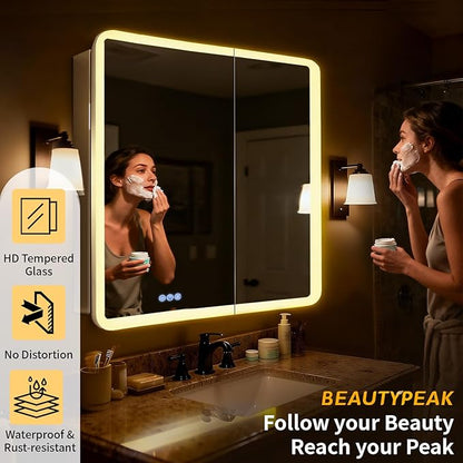 BEAUTYPEAK 36 x 32 LED Bathroom Medicine Cabinet Mirror, Adjustable Shelves, Silver Aluminum Cabinet, Anti-Fog Stepless Dimmable 3 Colors White/Natural/Warm, Easy to Install(Wall Mount/Recessed)