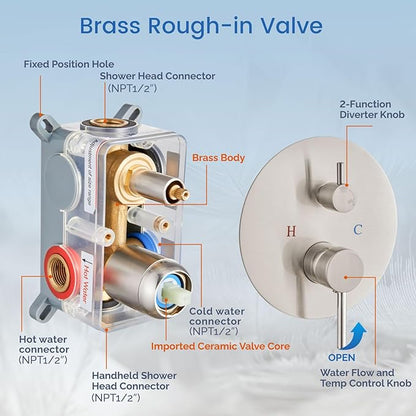 Airuida Shower Fixtures 2 Functions Shower Faucet Set Wall Mounted for Bathroom High Pressure Brass Handheld Shower with Rough-in Valve Round Rainfall 12 Inch Shower Head Brushed Nickel