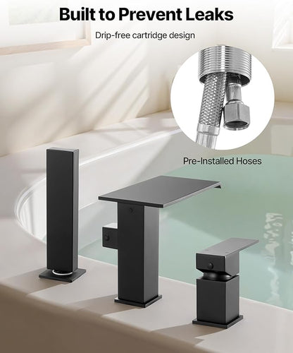 VEVOR Roman Tub Faucet, 3 Hole Waterfall Bathtub Faucet, Roman Bathtub Faucets Set with Shower Head & 1 Handle, Deck Mount Bath Tub Faucets Set for Pet Washing, Baby Care, Adult Bathing, Matte Black