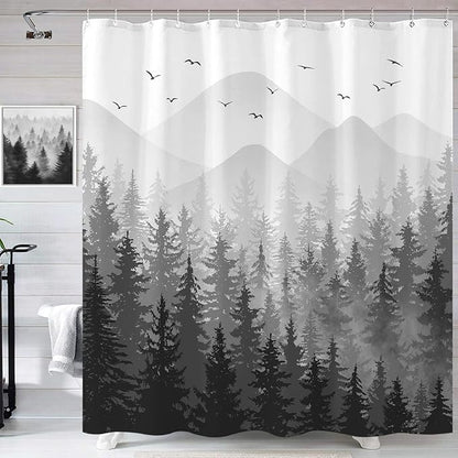 Aipon Black Misty Forest Shower Curtain Gray Ombre Nature Tree Plants Shower Curtains Fabric Waterproof Mountain Shower Curtain Sets for Bathroom Bath Decor with 12 Hooks (Black, 72'' × 78'')