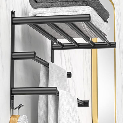 Black Adjustable Towel Bar for Bathroom Wall Mount17-30.7inch Adhesive Shower Towel Rack Stainless Steel Bath Towel Holders for Toilet Kitchen Double Towel Hanger (Black 3-Layer Towel Rack)